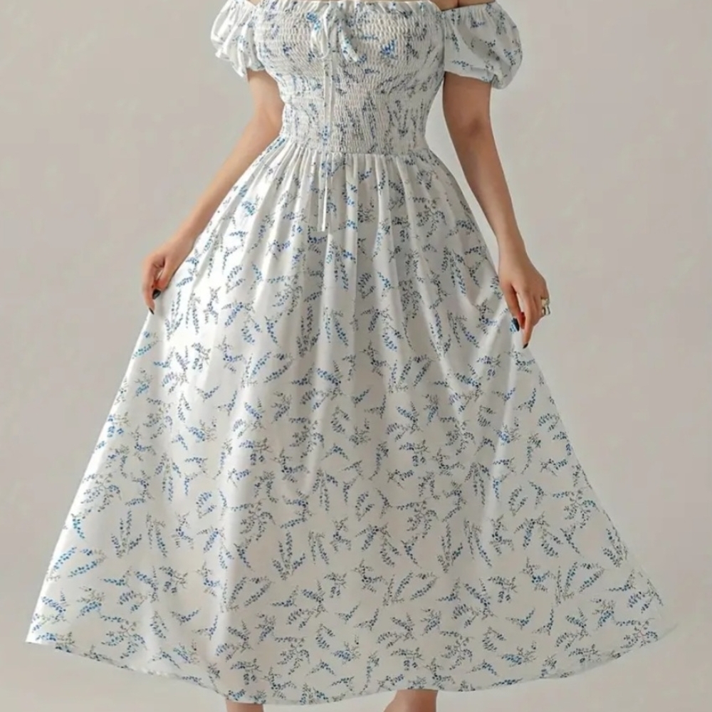 Elegant Blue Floral Off-Shoulder Dress